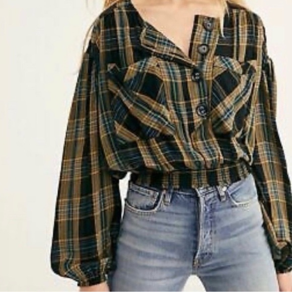 Free People Black, Mustard & Blue Plaid Cropped Button-Front Top - Picture 2 of 2